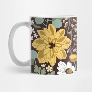 Boho garden // pattern // expresso brown background sage green yellow ivory and white flowers Mug